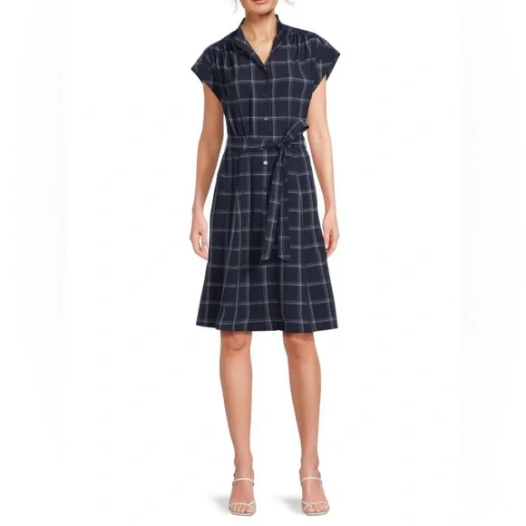Calvin Klein Plaid Belted Dress - indigo white - size 12 - Picture 1 of 4